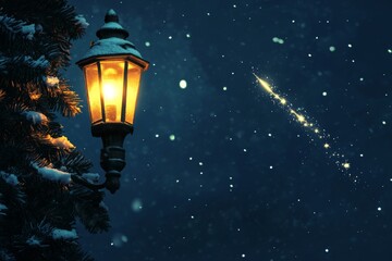 A cozy Christmas lamp amidst falling snow with a shooting star in the tranquil night sky
