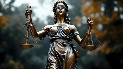 A bronze statue of Lady Justice holding scales of justice with a blurred background.
