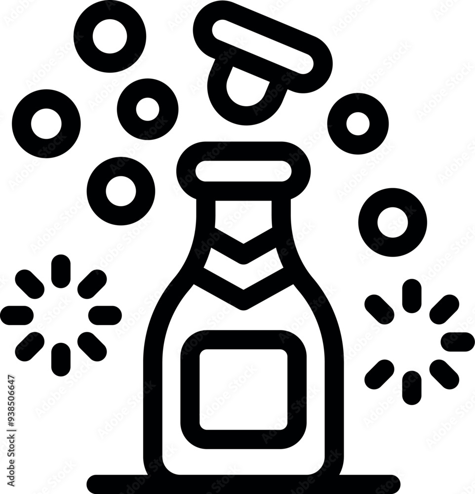 Poster line art icon of a champagne bottle popping its cork with bubbles exploding from the top