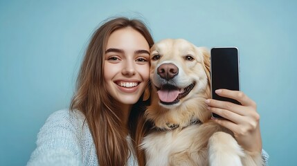 Young happy owner woman with her best friend retriever wear casual clothes do selfie shot on mobile cell phone hug dog isolated on plain pastel light blue background studio Take care a : Generative AI