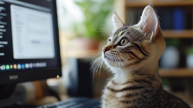 Woman cat and home office at computer with love for pet as freelance journalist for proposal research article or connectivity Female person animal and care or virtual career review or  : Generative AI