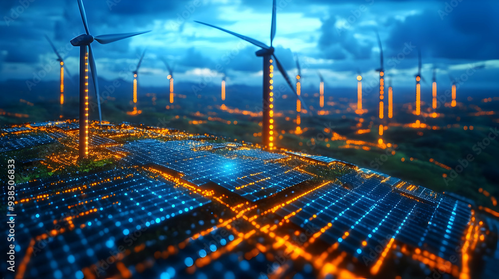 Poster a close up view of a glowing solar panel field with wind turbines in the background.