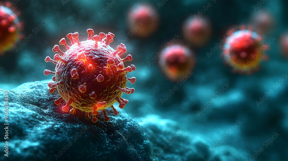 Poster a close-up image of a virus on a surface, with other viruses in the background.