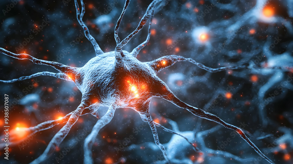 Poster a close-up of a neuron with glowing synapses.