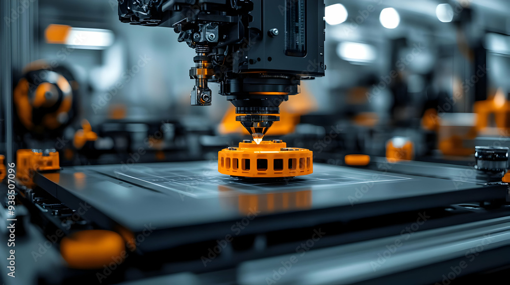 Poster a close-up of a robotic arm printing a small orange object.