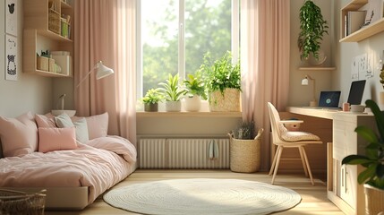 Stylish child room interior with comfortable bed and desk : Generative AI