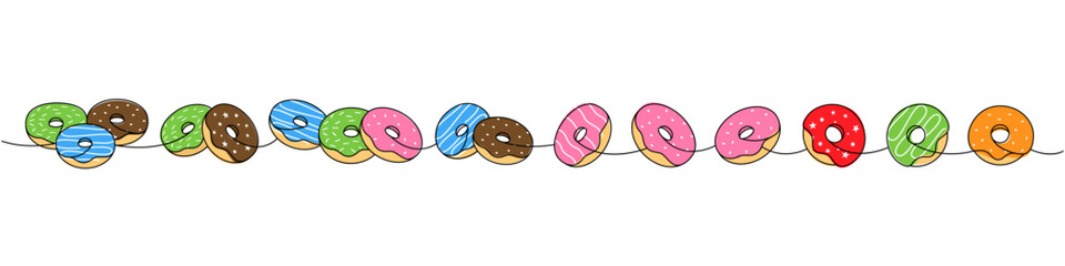 Delicious donut set. Take away donuts one line colored continuous drawing. Bakery sweet pastry food. Vector linear illustration.