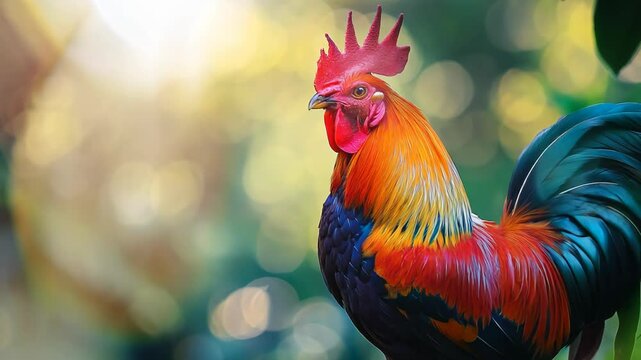 bright color cock standing at nature landscape 