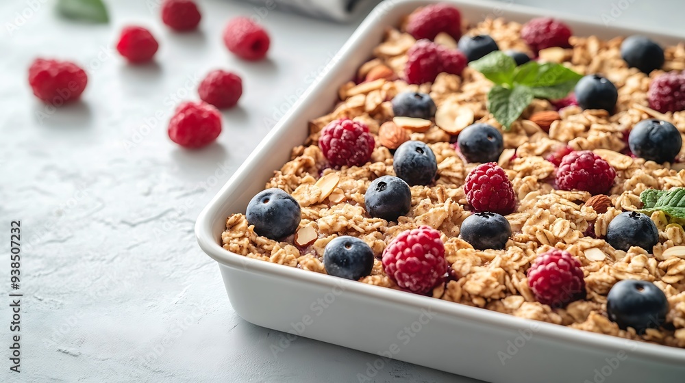 Poster tasty baked oatmeal with berries and almonds in baking tray on white tiled table top view : generati