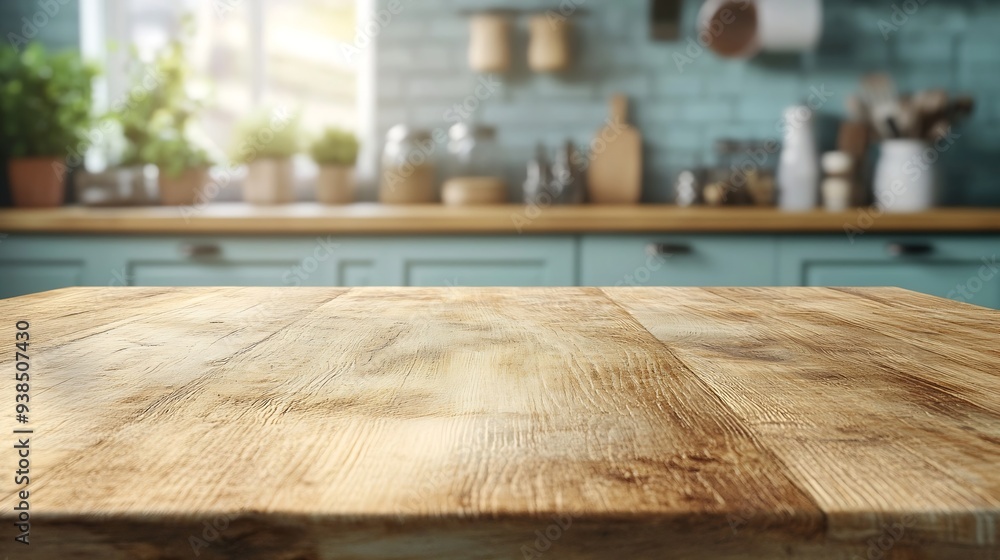 Poster Wood table top on blurred kitchen background can be used mock up for montage products display or design layout : Generative AI