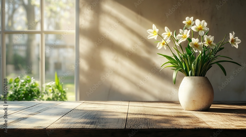 Poster table background of free space and kitchen interiorwhite wall with shadows and sunny warm morning ti