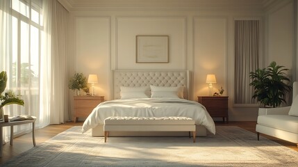 Interior of light bedroom with big bed tables and commode : Generative AI