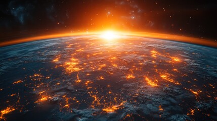 Obraz premium Sunrise Over Earth, Illuminated Cities