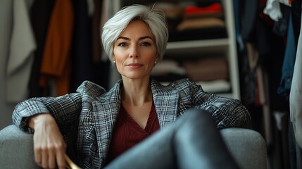 Fototapeta premium Mature woman sitting in room with a large open wardrobe holding stilettos in her hand looking at camera Elegant middle aged female takes off high heels shoes rest after long day : Generative AI