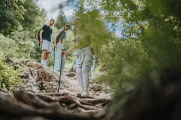 Group of friends hiking together through a lush forest trail, enjoying nature and adventure on a...