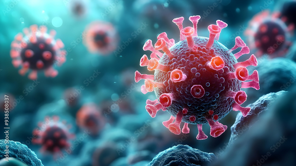 Poster a detailed, microscopic view of a red virus particle with spikes.