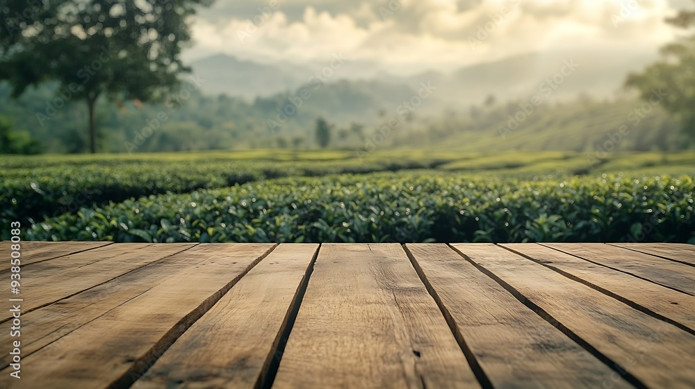 Fototapete the empty wooden table top with blur background of tea plantation exuberant image : generative ai