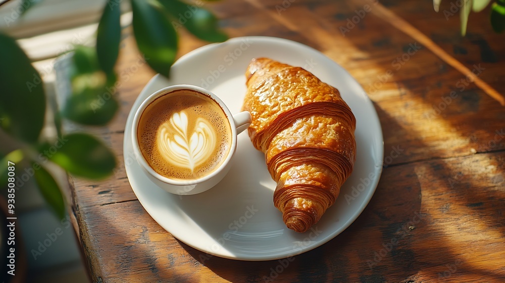 Poster concept of italian breakfast with caffe espresso and croissant top down view image : generative ai