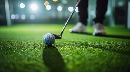 Golfers hitting ball with golf club from indoor court Playing golf on a golf simulator : Generative AI
