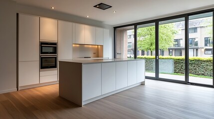 A sleek and modern kitchen featuring white cabinets builtin appliances and hardwood floors located in amsterdams schaarweg area : Generative AI