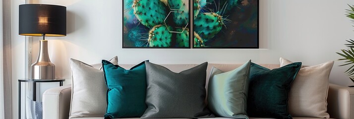 Decorative cactus and hexagon art showcased above a cozy sofa filled with various cushions next to a modern black lamp in a trendy living room environment.