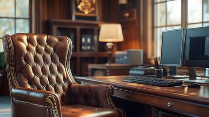 Directors office with large wooden table leather armchair and PC Interior design : Generative AI