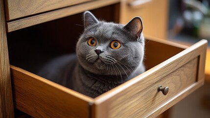 British shorthair cat opens cabinet drawer : Generative AI