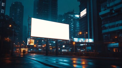 Blank white billboard on city buildings background at night front view Mockup advertising concept : Generative AI