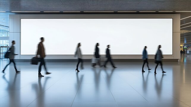 blank billboard with Blurred image of people walking in airport terminal : Generative AI