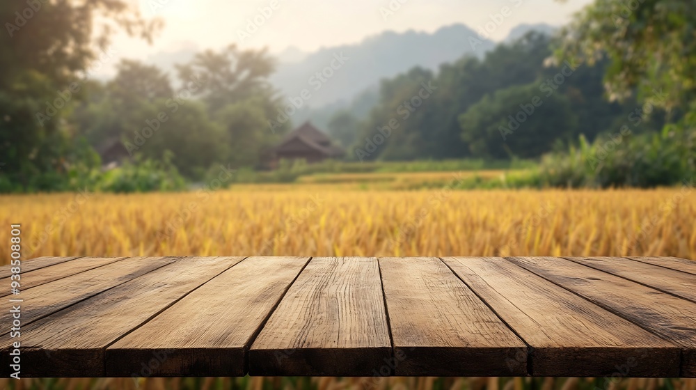 Leinwandbilder wooden table top on blur rice field background in daytimeharvest rice or whole wheatfor montage prod