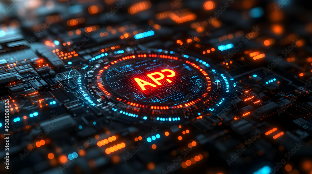 Aufkleber a futuristic circuit board with an illuminated glowing red and blue 'ap' emblem in a circular frame.