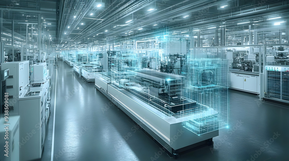 Poster a futuristic factory with digital overlays and robotic assembly lines.