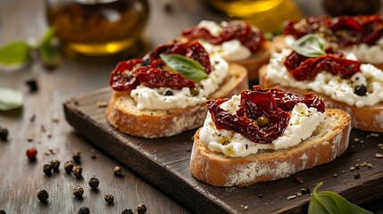 Two bruschettas with ricotta cheese olive and dried tomatoes on ciabatta bread on wooden background Olive oil and spices decorated Copyspace : Generative AI