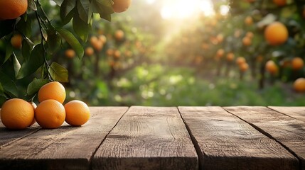 Rustic wooden table top with blurred background of the orange fruit plantation farm in summer sun : Generative AI