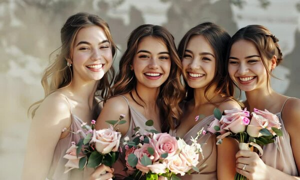 Joyful bridesmaids celebrate together in elegant dresses with beautiful bouquets