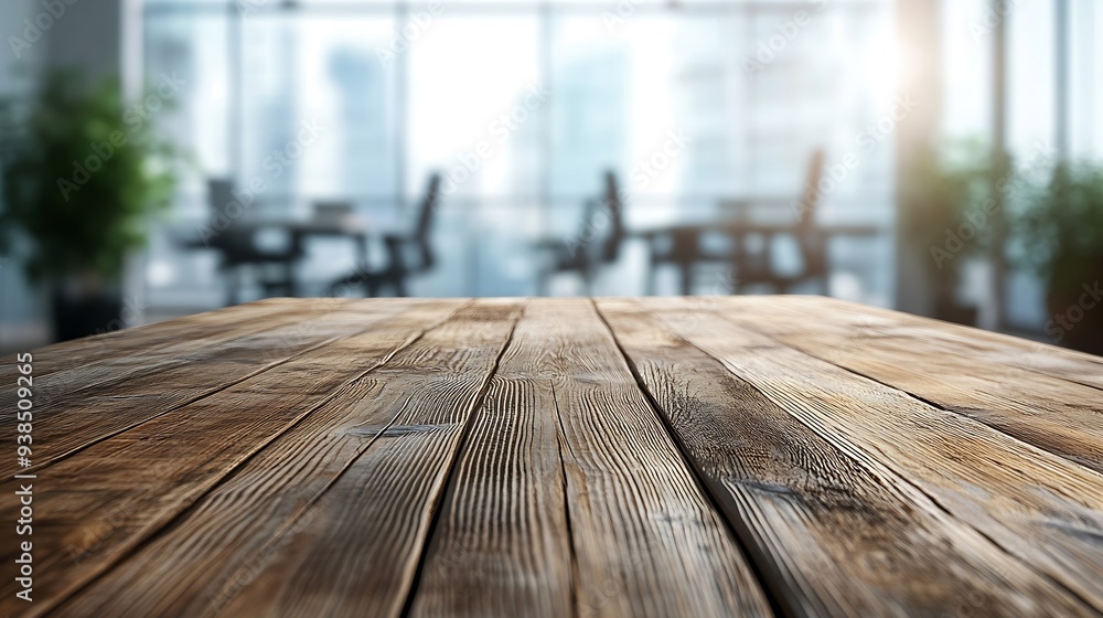 Poster wooden table on blurred empty open space office abstract light bokeh at office interior background f