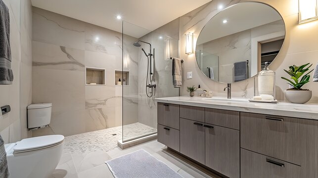 A sleek modern bathroom featuring a stylish vanity with a round mirror glass shower enclosure and elegant lighting The sophisticated design includes marblepatterned walls and contempor : Generative AI