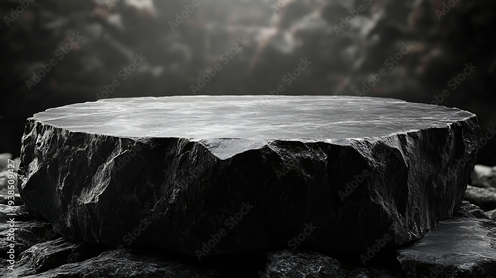 Poster black stone podium with white background black concrete material place for the product display prese