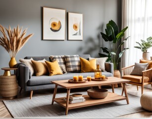 The stylish boho compostion at living room interior with design gray sofa, wooden coffee table, commode and elegant personal accessories. Honey yellow pillow and plaid. Cozy apartment. Home decor
