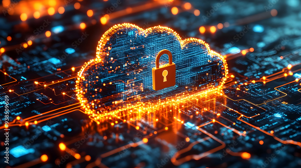 Poster a glowing cloud shape with a padlock inside, resting on a circuit board with orange and blue lights.