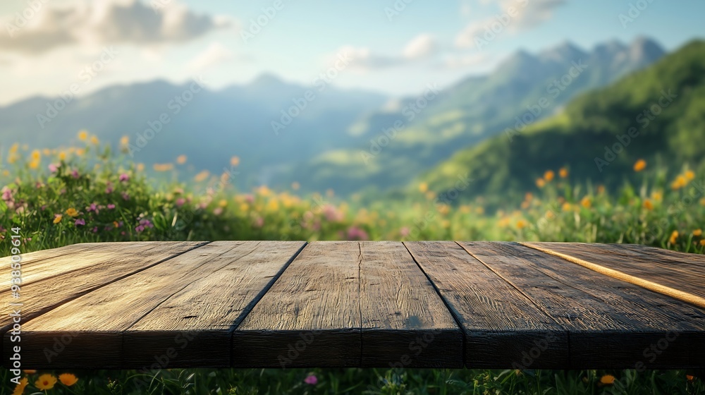 Aufkleber wooden table top on blur mountain and grass fieldfresh and relax conceptfor montage product display 
