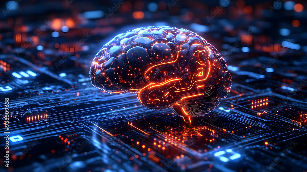 Poster a glowing digital brain on a circuit board, representing artificial intelligence and the future of t
