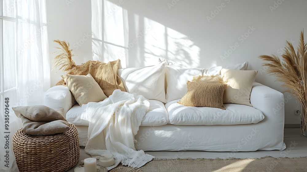 Poster interior design with white sofa boho scandinavian style home staging and minimalism concept : genera