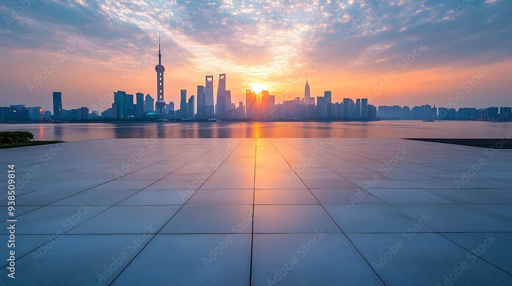 Poster empty square floors and city skyline with modern buildings at sunset in suzhou jiangsu province chin