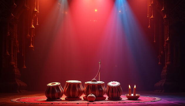 Traditional musical instruments used in Navratri such as dholak tabla and harmonium beautifully displayed on a stage set for devotional performances