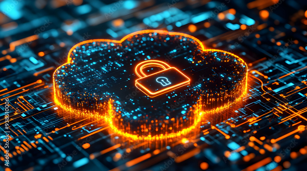 Poster a glowing orange padlock icon is on top of a cloud-shaped digital network, representing secure cloud
