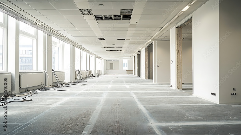 Poster an empty office with all the materials removed raised floors and cables hung to make a new renovatio