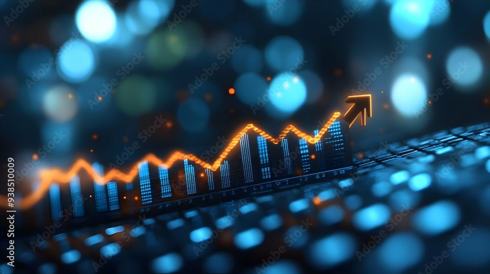 Poster a glowing orange upward trend line and arrow on a dark blue keyboard background with bokeh lights.