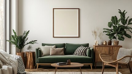 Warm and cozy living room interior with mock up poster frame green sofa wooden coffee table beige wall stylish sideboard beige carpet plaid and personal accessories Home decor Template : Generative AI