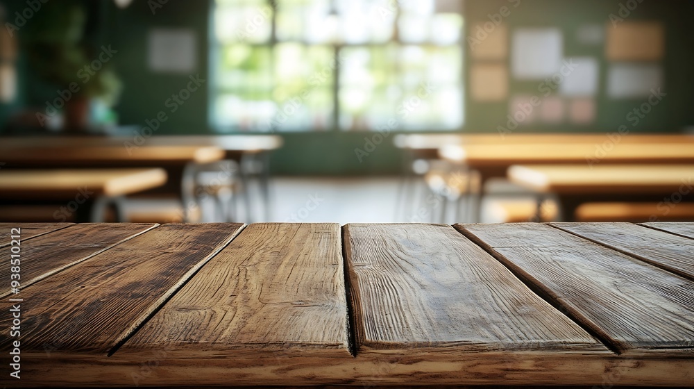 Poster wooden board empty table background on the blurred background of the empty classroom : generative ai